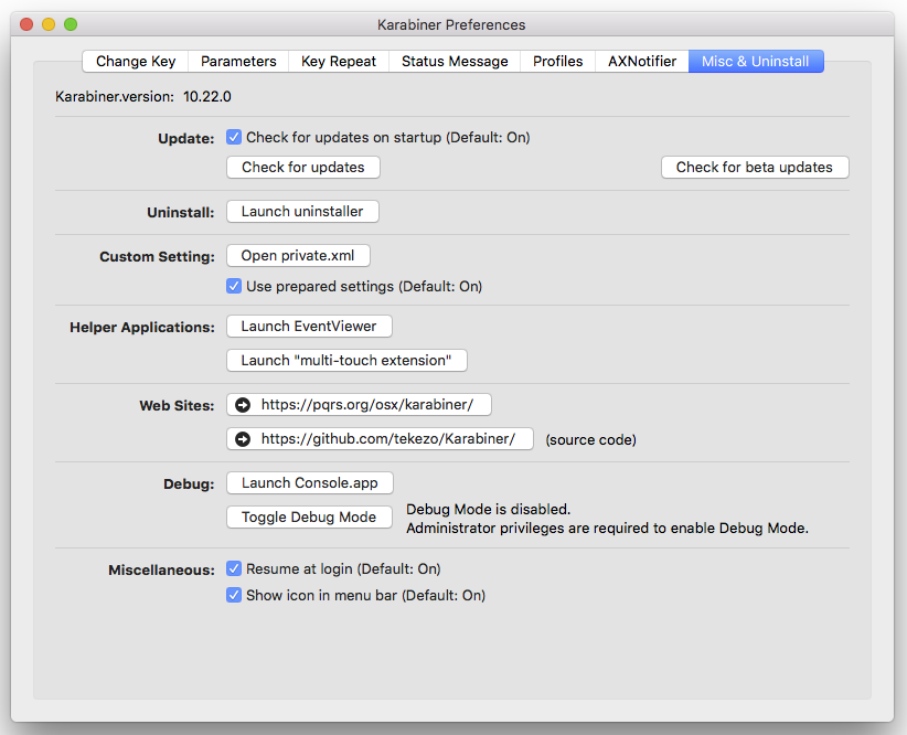 Karabiner：[Misc & Uninstall]タブ
