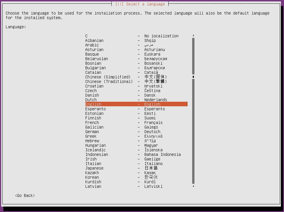 画面：インストール言語を「英語」